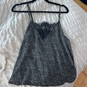 Lace-Inset Black Leopard Print Satin Cami Tank Top